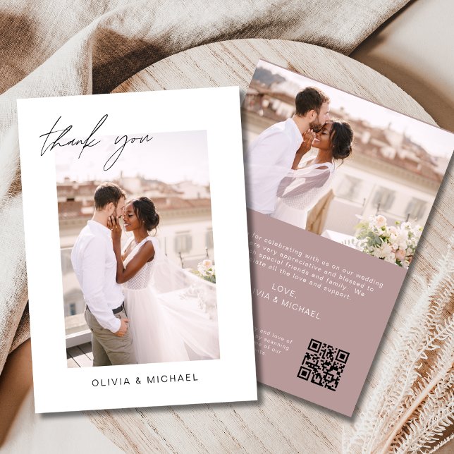 Mauve QR Code Wedding Thank You Photo Card (Creator Uploaded)