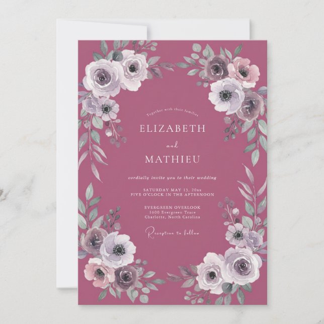 Mauve Ranunculus Leafy Wedding Invitation (Front)