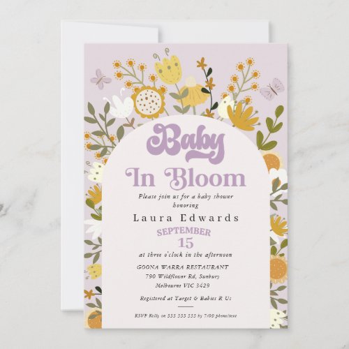 Mauve Retro Arch Wildflowers Baby Shower Invitation