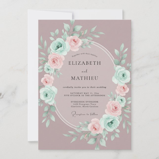 Mauve Romantic Floral Wreath Wedding Invitation (Front)