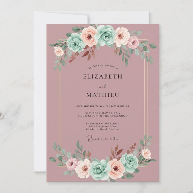 Mauve Romantic Mint Botanical Wedding Invitation (Front)