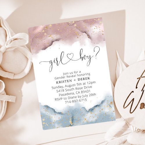 Mauve Rose and Dusty Blue Watercolor Gender Reveal Invitation