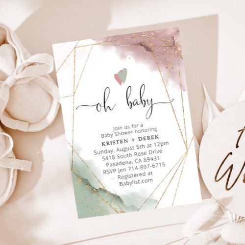 Mauve Rose and Sage Green Watercolor Baby Shower Invitation