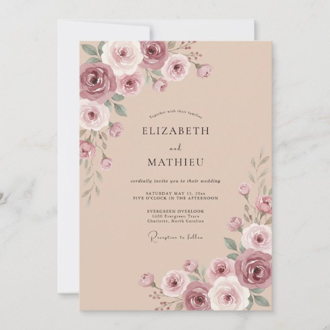 Mauve Rose Bloom Wedding Invitation (Front)