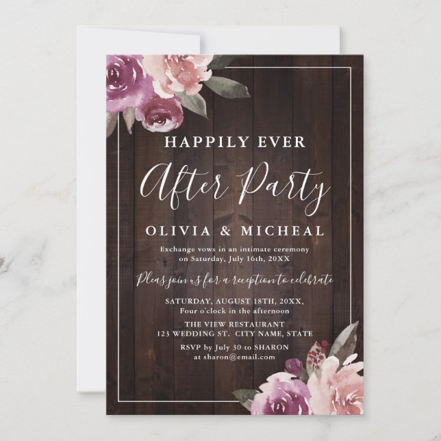 Mauve rose floral rustic happily ever after party invitation (Front)