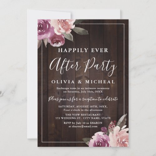 Mauve rose floral rustic happily ever after party invitation
