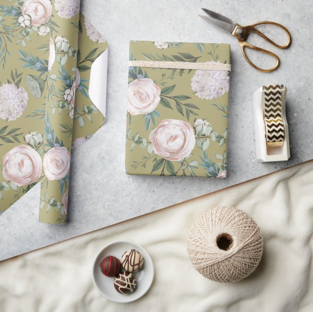 Mauve Rose Hydrangea Lotus Pod Wrapping Paper (Crafts)