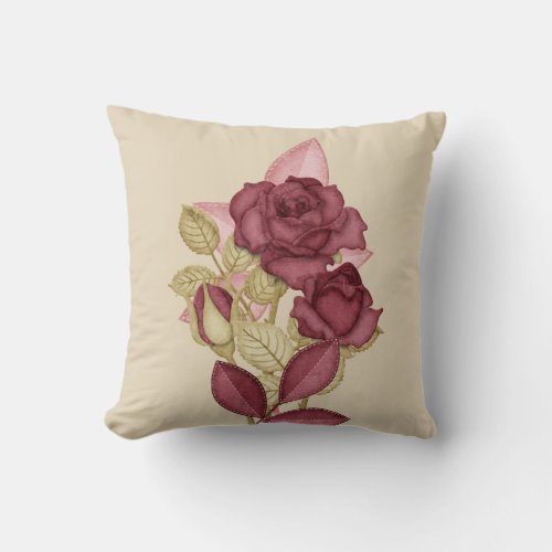 Mauve Roses on beige buds leaves flowers Throw Pillow