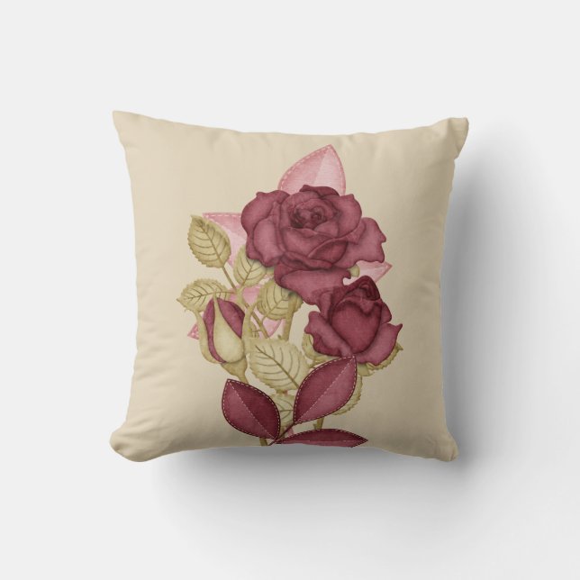 Mauve Roses on beige buds leaves flowers Throw Pillow (Front)