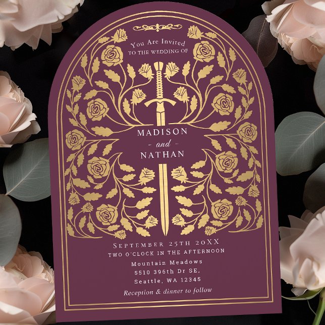 Mauve Royal Medieval Gold Sword Wedding Arch Invitation (Creator Uploaded)