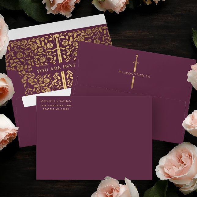 Mauve Royal Medieval Gold Sword Wedding Envelope (Creator Uploaded)