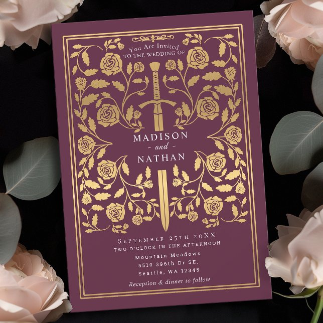 Mauve Royal Medieval Gold Sword Wedding Invitation (Creator Uploaded)