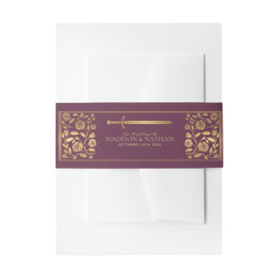 Mauve Royal Medieval Gold Sword Wedding  Invitation Belly Band