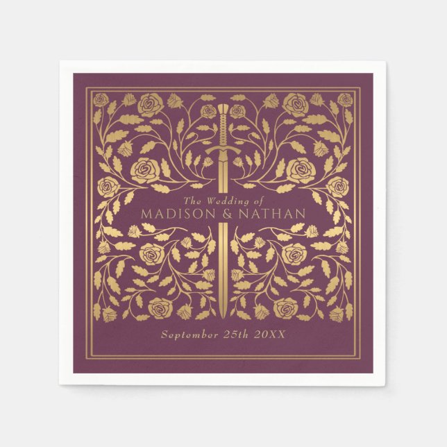 Mauve Royal Medieval Gold Sword Wedding Napkins (Front)