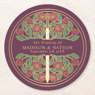 Mauve Royal Medieval Gold Sword Wedding Round Paper Coaster