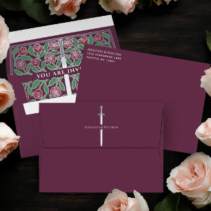 Mauve Royal Medieval Silver Floral Sword Wedding Envelope