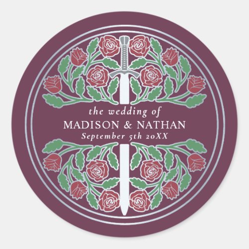 Mauve Royal Medieval Silver Sword Wedding  Classic Round Sticker