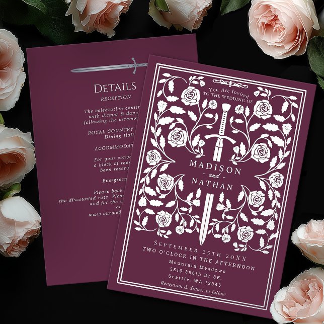 Mauve Royal Medieval Silver Sword Wedding Details Foil Invitation (Creator Uploaded)