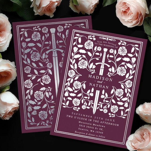 Mauve Royal Medieval Silver Sword Wedding Foil Invitation (Creator Uploaded)