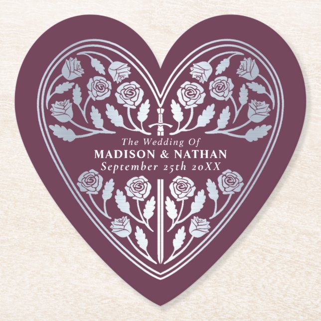 Mauve Royal Medieval Silver Sword Wedding Paper Coaster (Front)