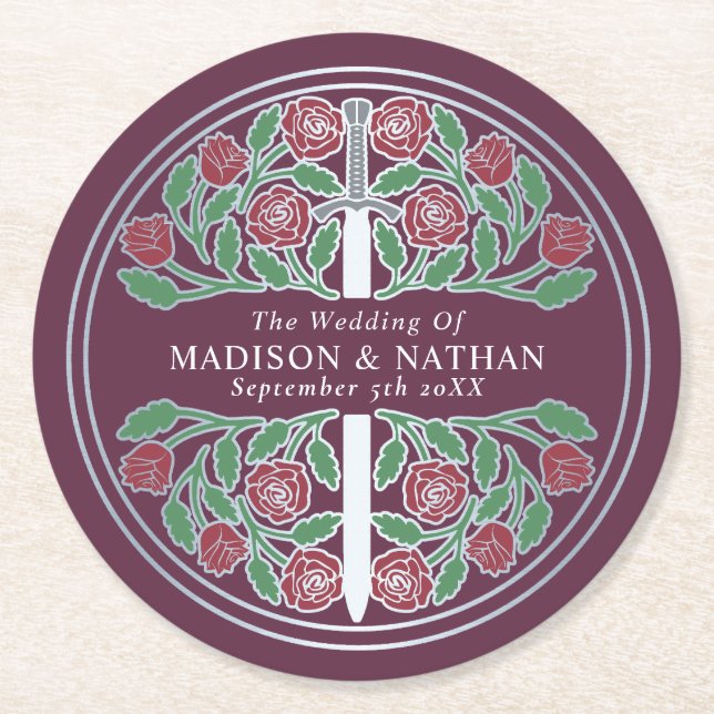 Mauve Royal Medieval Silver Sword Wedding Round Paper Coaster (Front)