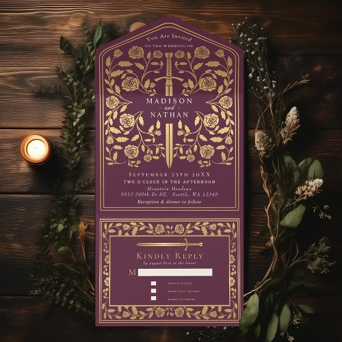 Mauve Royal Medieval Sword Wedding All In One Invi All In One Invitation