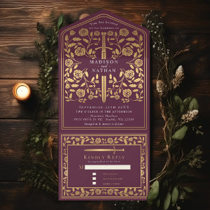 Mauve Royal Medieval Sword Wedding All In One Invi Invitation
