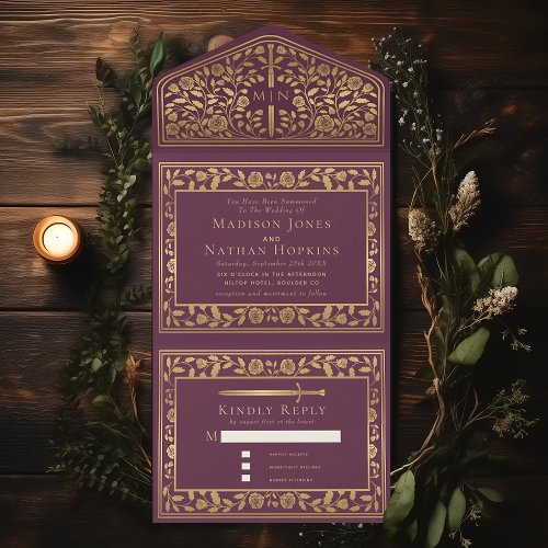 Mauve Royal Medieval Sword Wedding  All In One Invitation