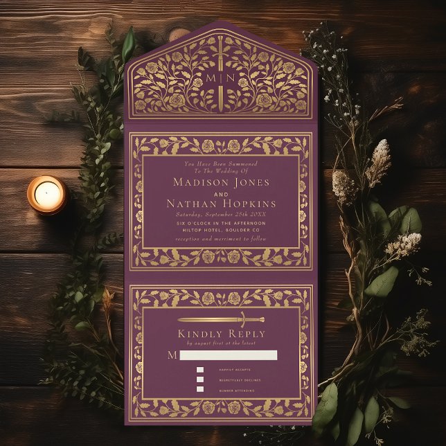 Mauve Royal Medieval Sword Wedding  All In One Invitation (Creator Uploaded)