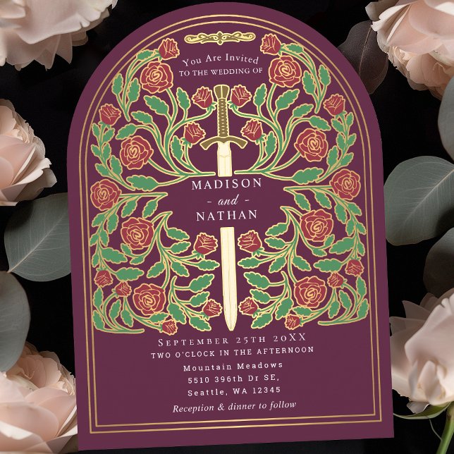 Mauve Royal Medieval Sword Wedding Arch Invitation (Creator Uploaded)