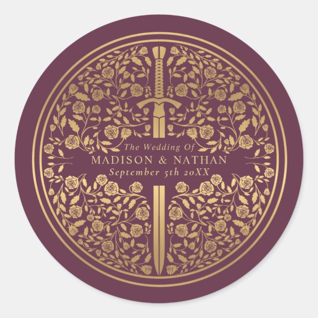 Mauve Royal Medieval Sword Wedding Classic Round Sticker (Front)