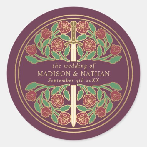 Mauve Royal Medieval Sword Wedding  Classic Round Sticker