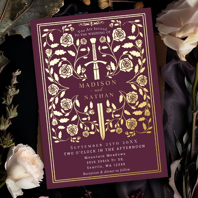 Mauve Royal Medieval Sword Wedding Foil Invitation (Creator Uploaded)