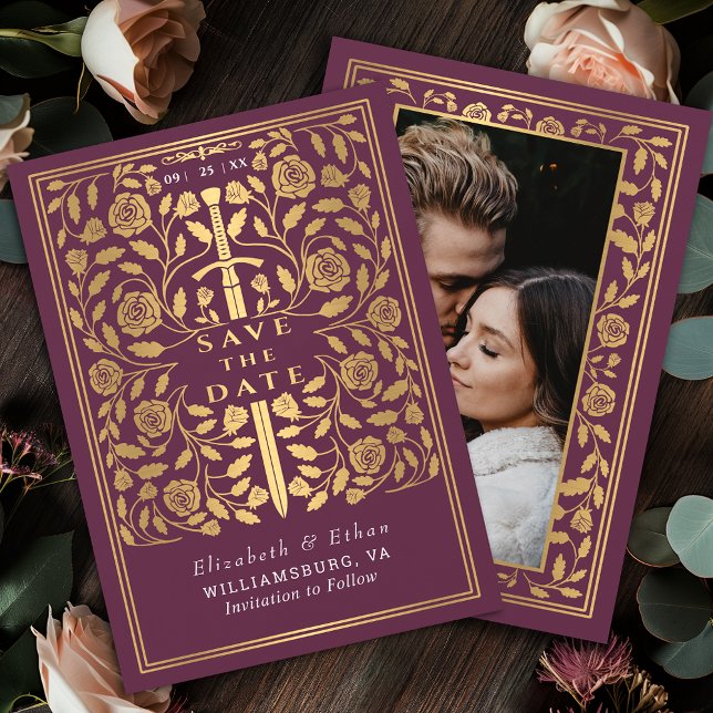 Mauve Royal Medieval Sword Wedding Photo Save The Date (Creator Uploaded)