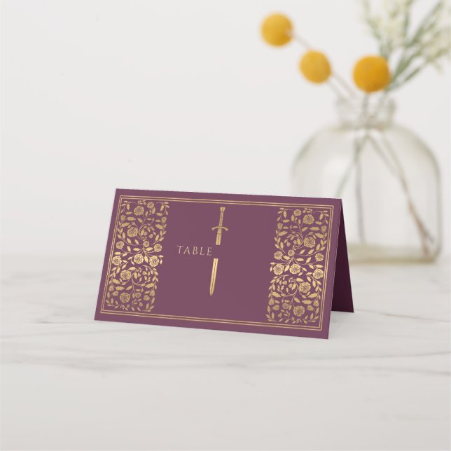 Mauve Royal Medieval Sword Wedding Place Card (Front)