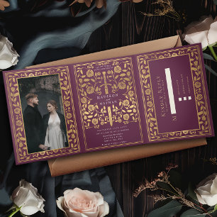 Mauve Royal Medieval Sword Wedding Tri-Fold Invitation
