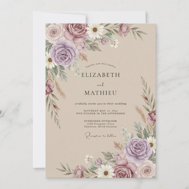 Mauve Rustic Pampas Wedding Invitation (Front)