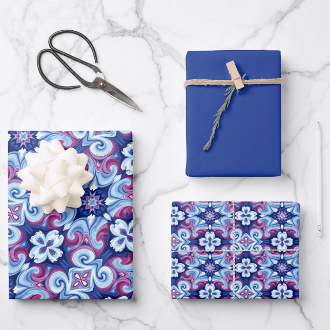 Mauve, Sapphire & Powder Blue Pattern  Wrapping Paper Sheets (Front)