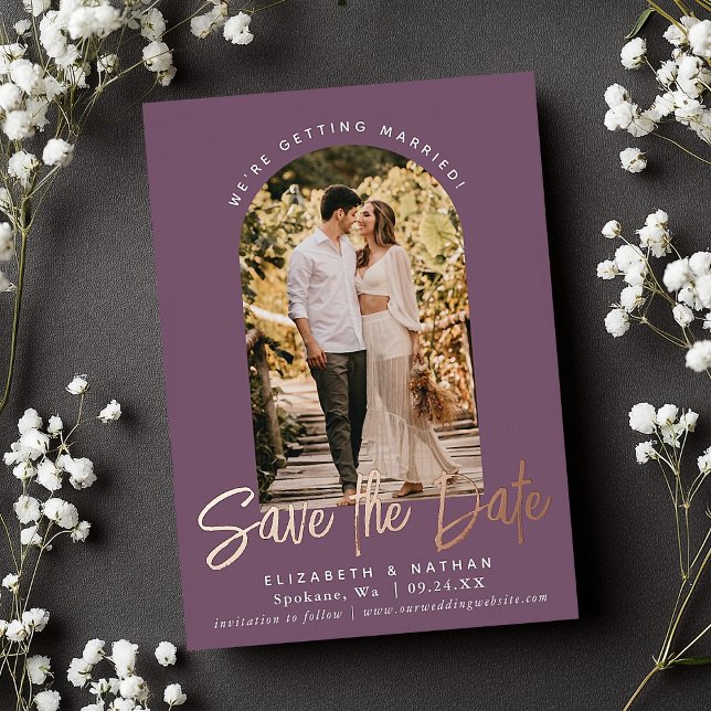 Mauve Save the Date Stylish Script Photo Foil Invitation (Creator Uploaded)