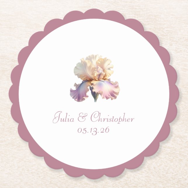 Mauve Scalloped Border, Blush Flower Wedding Paper Coaster (Front)