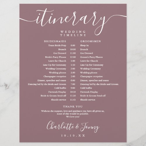 Mauve Schedule Wedding Itinerary Timeline