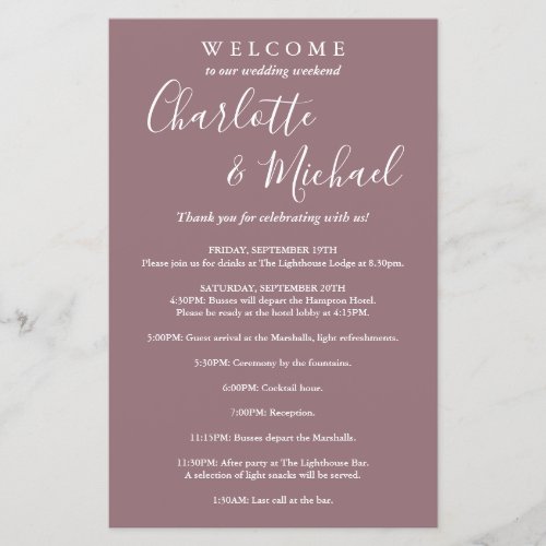 Mauve Script Guest Wedding Weekend Program