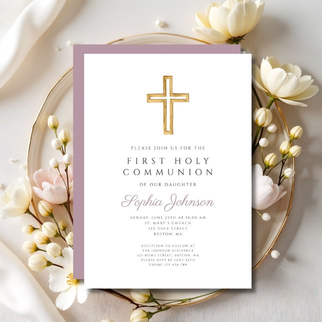 Mauve Script Religious Cross Boy First Communion Invitation (Mauve Script Religious Cross Boy First Communion Invitation)