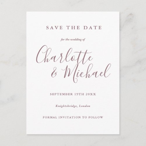 Mauve Script Wedding Save the Date Postcard