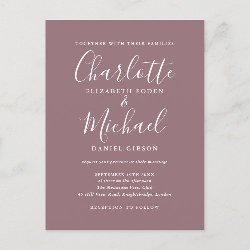 Mauve Signature Script Wedding Invitation Postcard