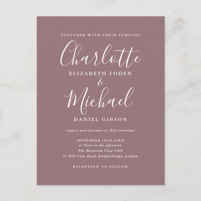Mauve Signature Script Wedding Invitation Postcard (Front)