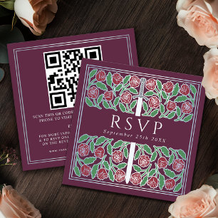 Mauve Silver Floral Royal Wedding RSVP QR Code Enclosure Card