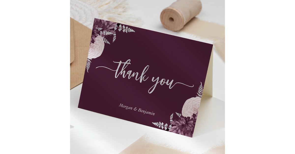 Mauve Silver Floral Script Wedding Thank You Card | Zazzle