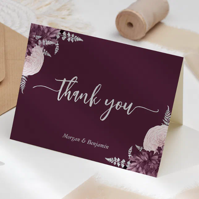 Mauve Silver Floral Script Wedding Thank You Card | Zazzle