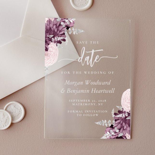 Mauve Silver Floral Wedding Save the Date Acrylic Invitations (Creator Uploaded)